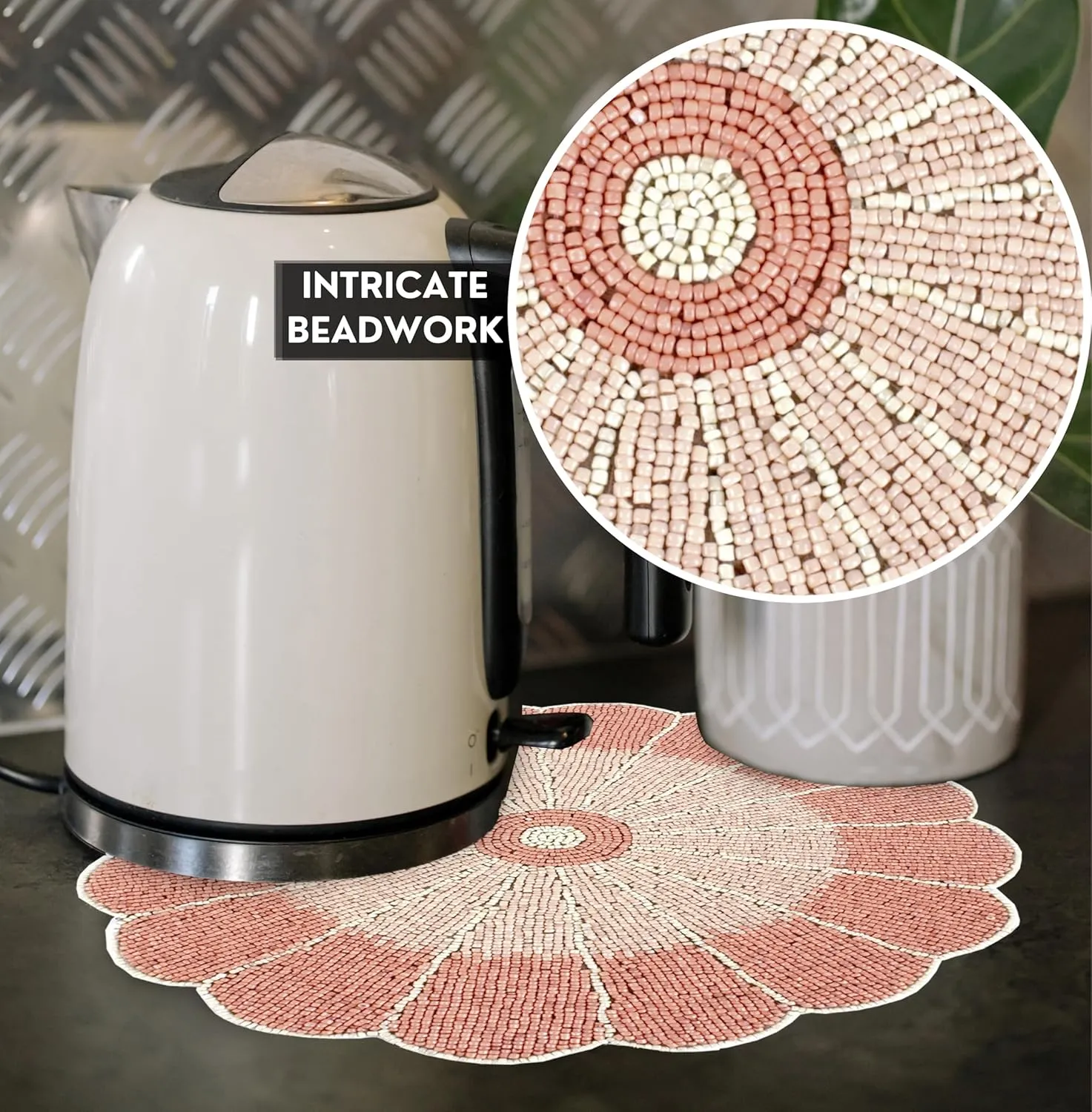 ALPHA Living HOME - Pastel Beaded Placemats - 13” Round Charger Plate | Handmade Dining Table Mats | Elegant Glass Bead & Polyester | Decorative Table Linens for Home, Wedding, Christmas & Halloween