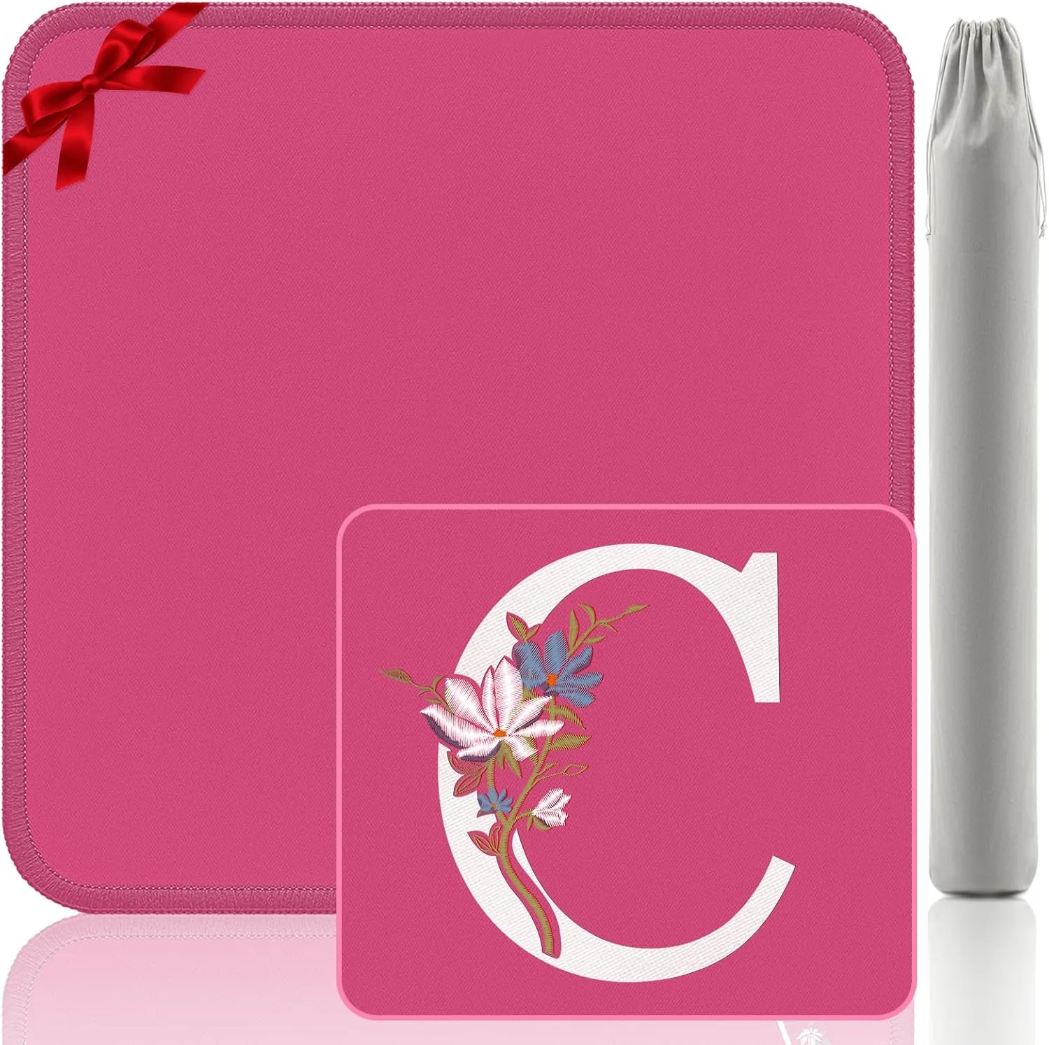 Alphabet C Mahjong Mat - Non-Slip Embroidery Gaming Mat 32.4x32.4 Inch, Pink Gift for Mahjong/Poker/Dominoes Players with Letter Design