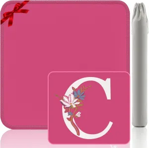 Alphabet C Mahjong Mat - Non-Slip Embroidery Gaming Mat 32.4x32.4 Inch, Pink Gift for Mahjong/Poker/Dominoes Players with Letter Design