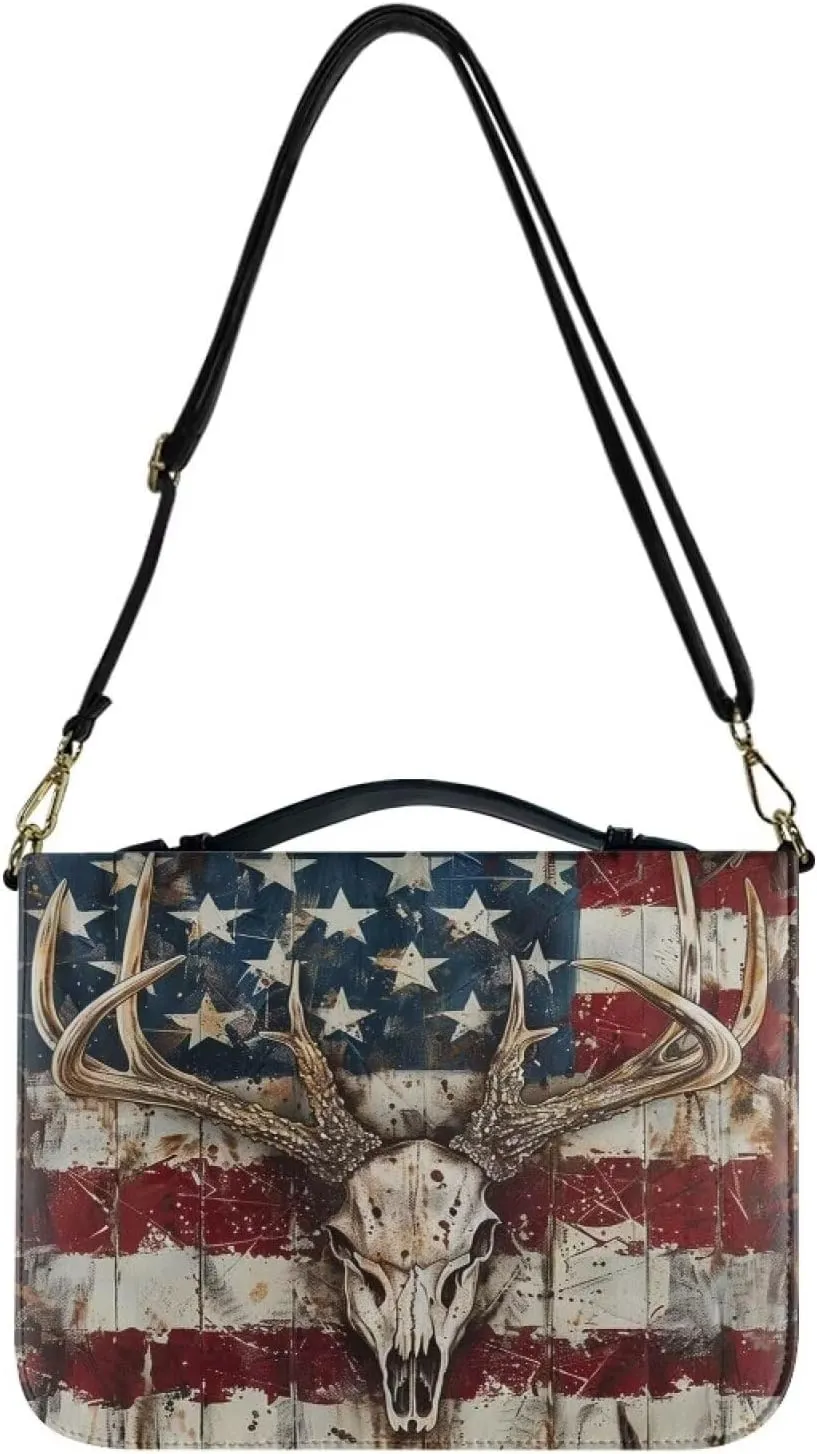 American Flag Bible Carrying Case for Women, Camo Hunting Bible Tote Bag for Men, Deer Bible Bag with Detachable Shoulder Strap Leather Covers for Bible, Bible Holder, Multicolor, XL