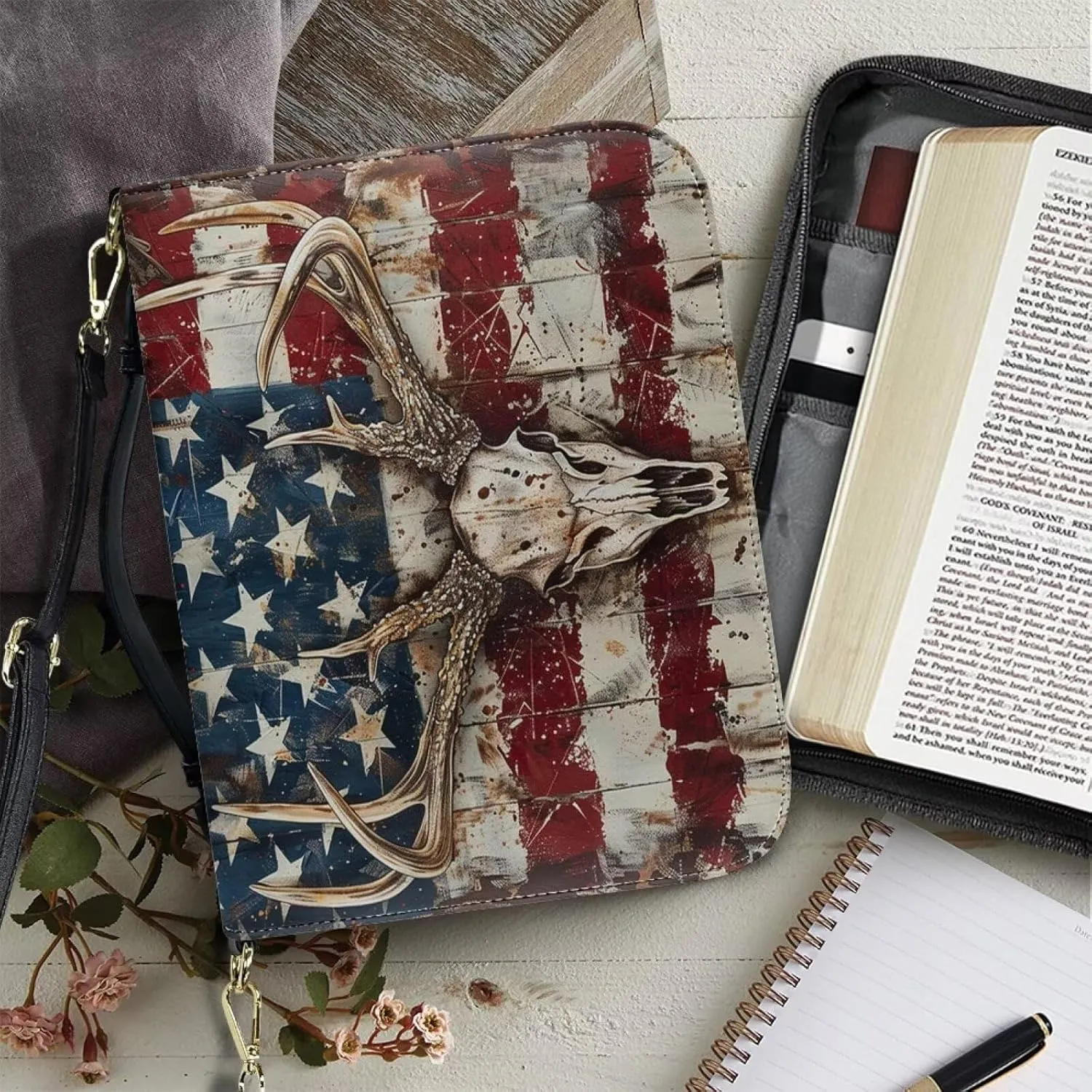 American Flag Bible Carrying Case for Women, Camo Hunting Bible Tote Bag for Men, Deer Bible Bag with Detachable Shoulder Strap Leather Covers for Bible, Bible Holder, Multicolor, XL