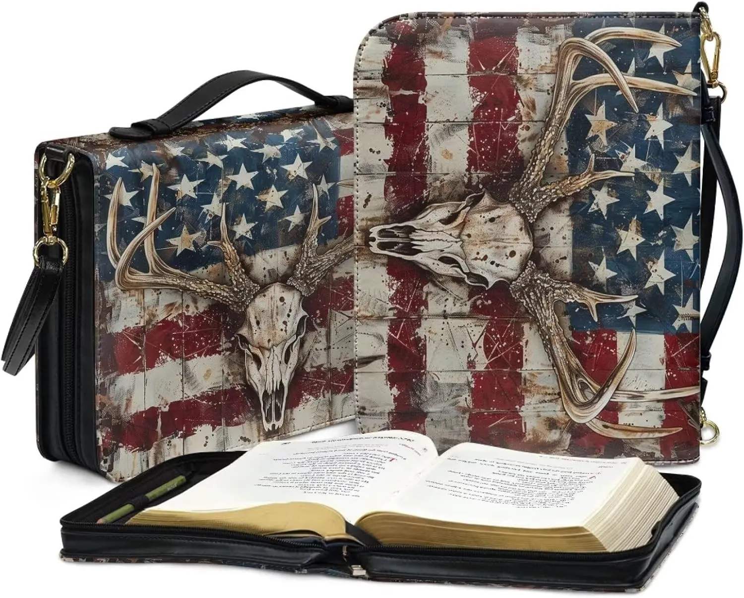 American Flag Bible Carrying Case for Women, Camo Hunting Bible Tote Bag for Men, Deer Bible Bag with Detachable Shoulder Strap Leather Covers for Bible, Bible Holder, Multicolor, XL