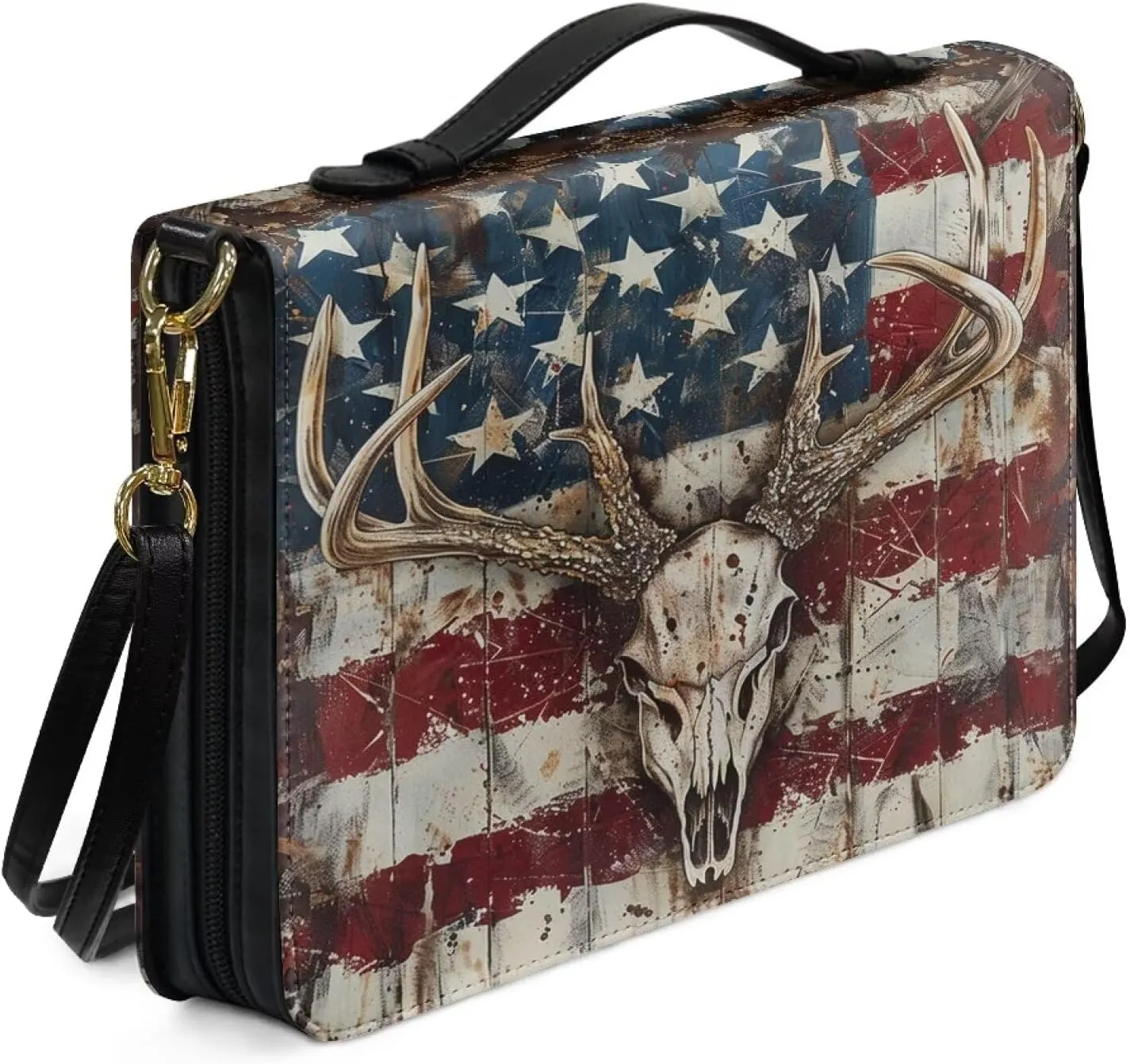 American Flag Bible Carrying Case for Women, Camo Hunting Bible Tote Bag for Men, Deer Bible Bag with Detachable Shoulder Strap Leather Covers for Bible, Bible Holder, Multicolor, XL