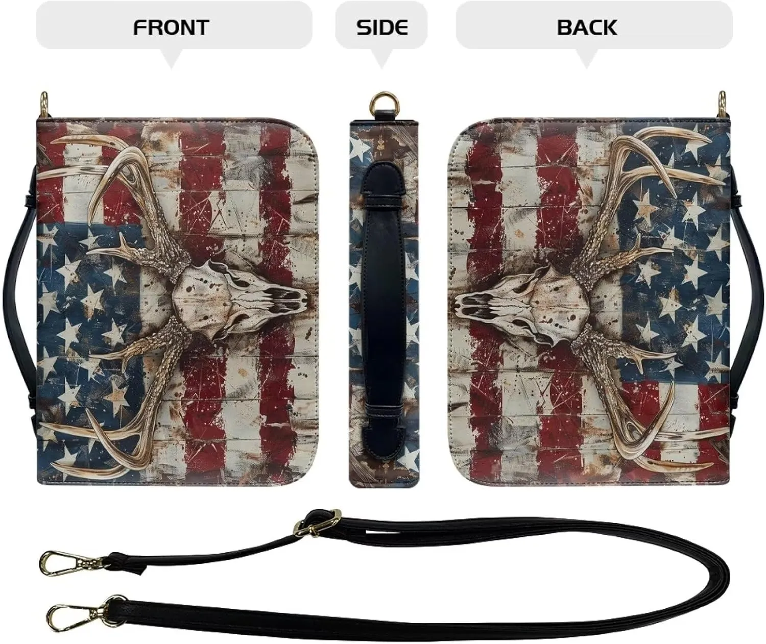 American Flag Bible Carrying Case for Women, Camo Hunting Bible Tote Bag for Men, Deer Bible Bag with Detachable Shoulder Strap Leather Covers for Bible, Bible Holder, Multicolor, XL