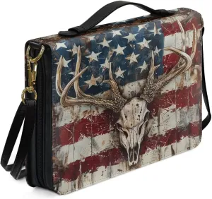 American Flag Bible Carrying Case for Women, Camo Hunting Bible Tote Bag for Men, Deer Bible Bag with Detachable Shoulder Strap Leather Covers for Bible, Bible Holder, Multicolor, XL