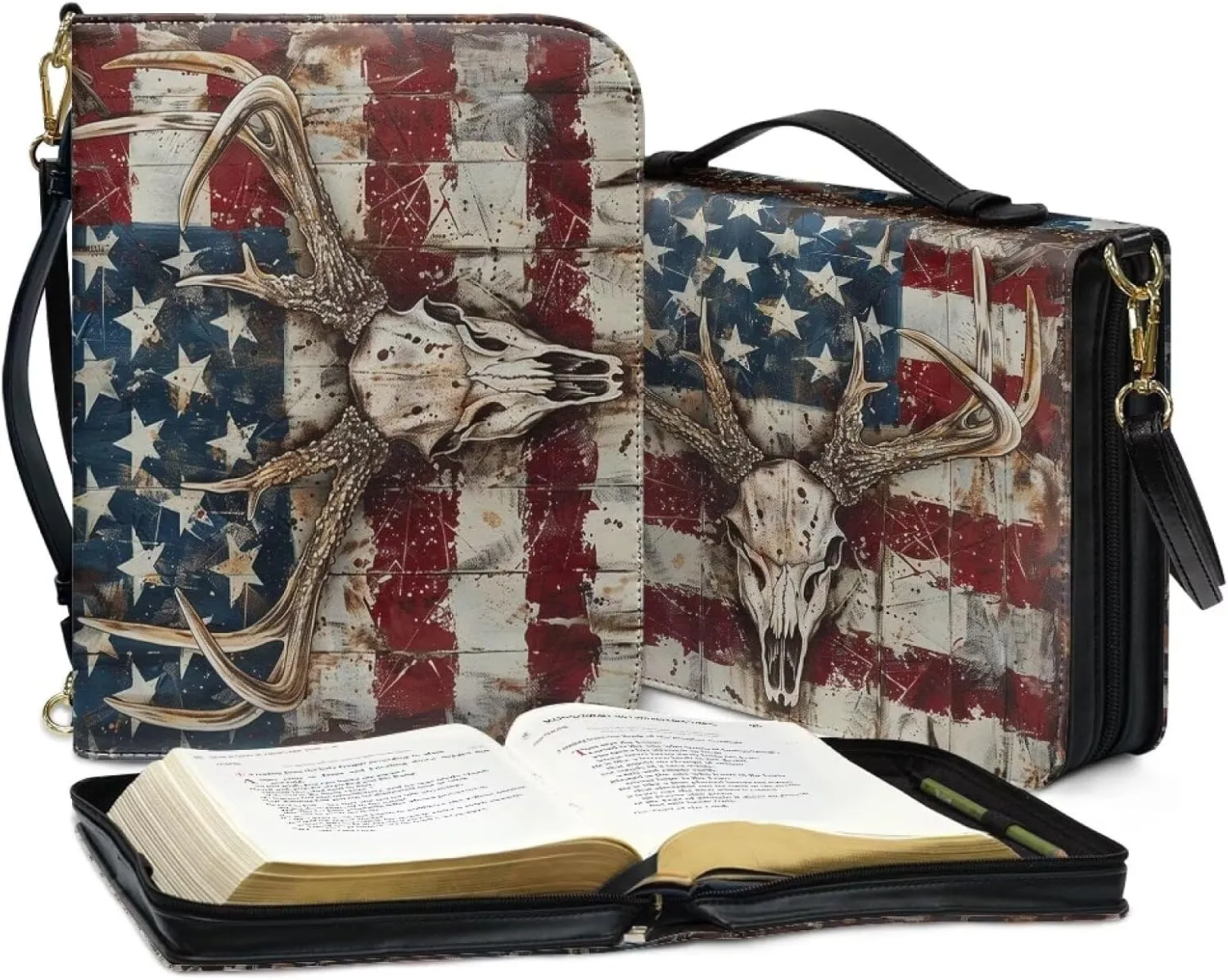 American Flag Bible Carrying Case for Women, Camo Hunting Bible Tote Bag for Men, Deer Bible Bag with Detachable Shoulder Strap Leather Covers for Bible, Bible Holder, Multicolor, XL