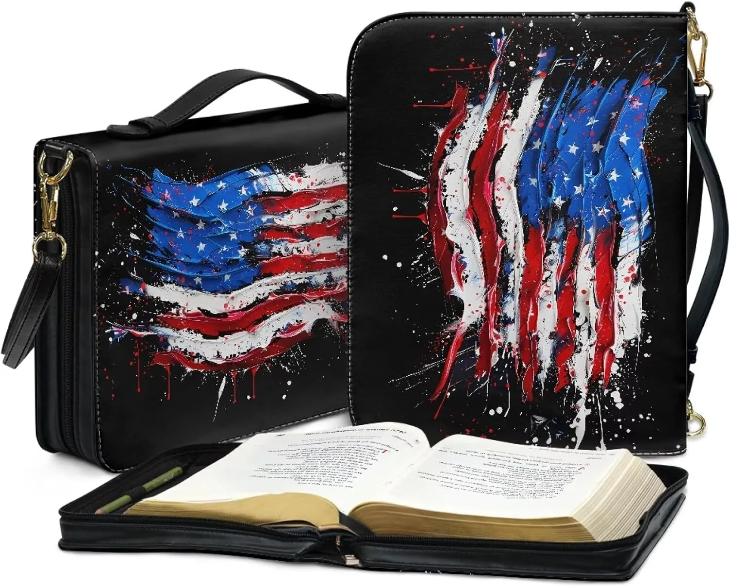 American Flag Patriot Bible Cover Case with Zipper Lightweight Book Carrying Tote Bag Accessory for Women Men 4th of July