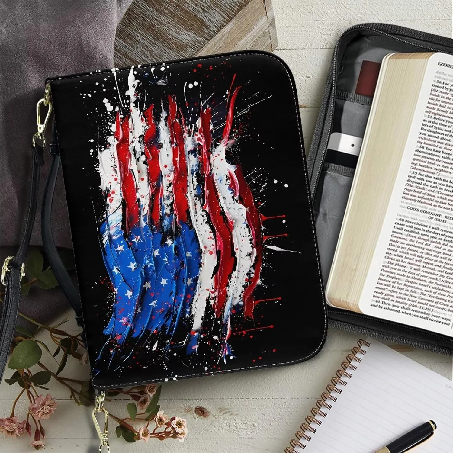 American Flag Patriot Bible Cover Case with Zipper Lightweight Book Carrying Tote Bag Accessory for Women Men 4th of July