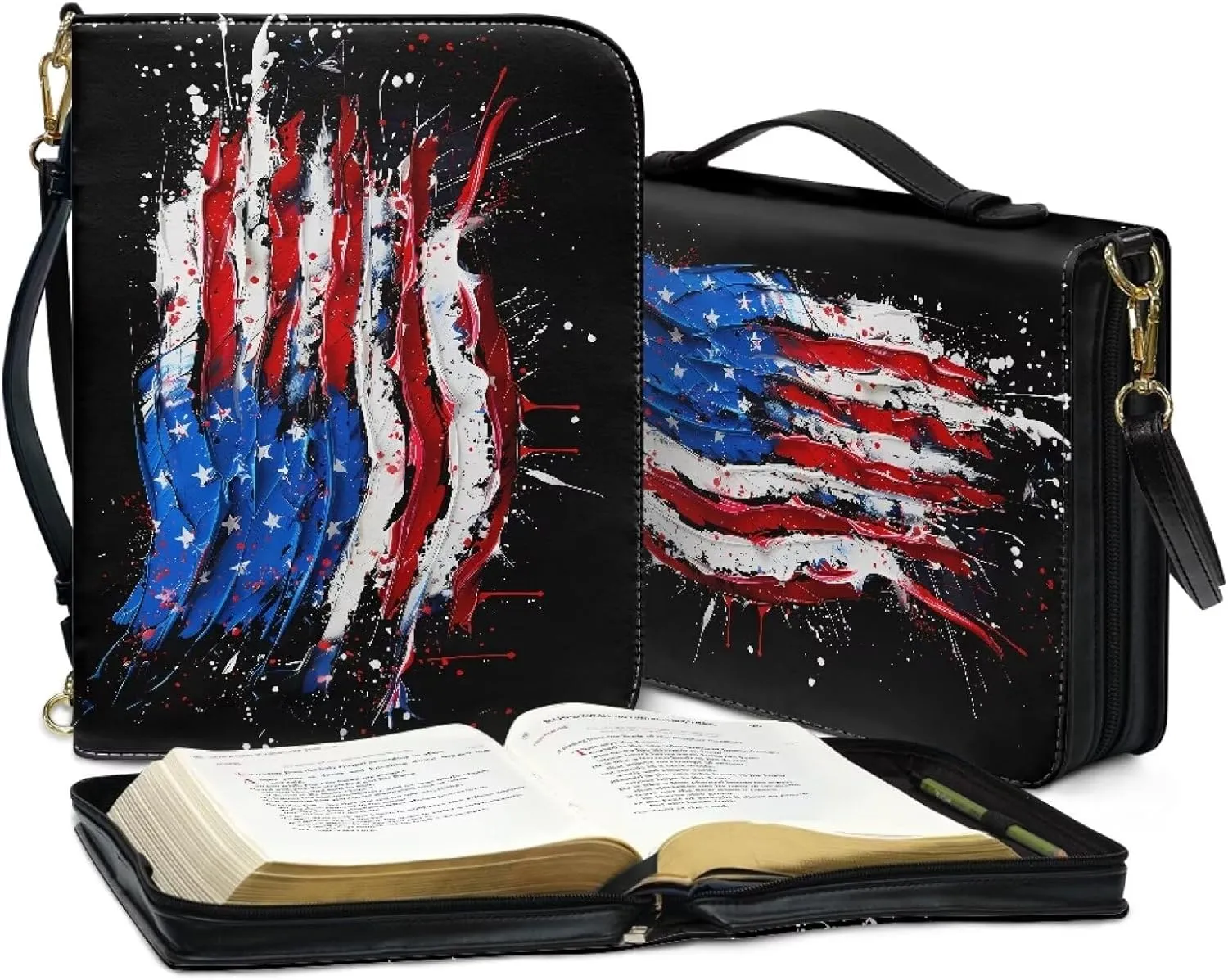 American Flag Patriot Bible Cover Case with Zipper Lightweight Book Carrying Tote Bag Accessory for Women Men 4th of July