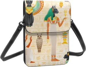 Ancient Egyptian Hieroglyph Goddess Gold Crossbody Cell Phone Purse for Womens Lightweight Small Soft Leather Fashion Travel Wallet with Adjustable Strap