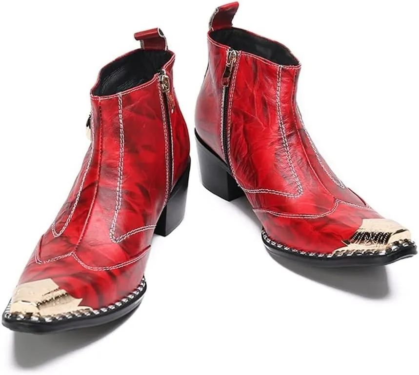 Ankle Boots for Men Genuine Leather Zip Closure Metal Tip with Pull Tap Tiger Pattern Studs Decoration 6CM High Heel Shoes