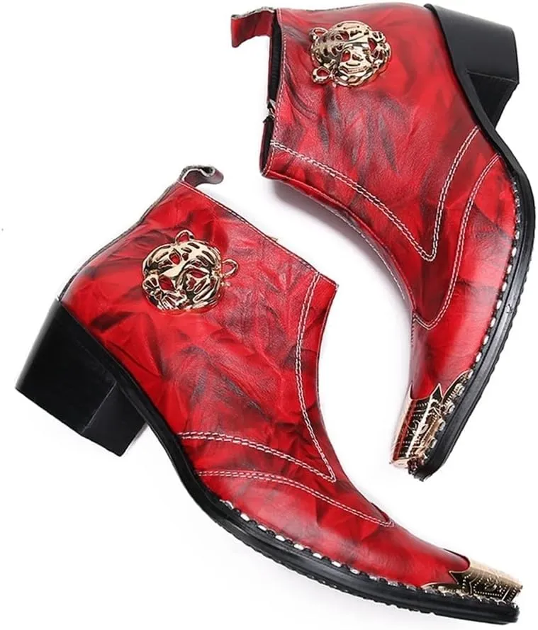 Ankle Boots for Men Genuine Leather Zip Closure Metal Tip with Pull Tap Tiger Pattern Studs Decoration 6CM High Heel Shoes