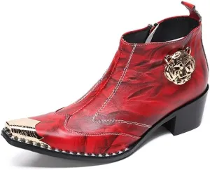 Ankle Boots for Men Genuine Leather Zip Closure Metal Tip with Pull Tap Tiger Pattern Studs Decoration 6CM High Heel Shoes