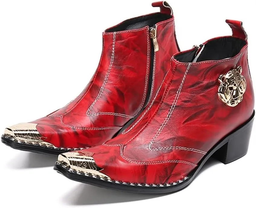 Ankle Boots for Men Genuine Leather Zip Closure Metal Tip with Pull Tap Tiger Pattern Studs Decoration 6CM High Heel Shoes