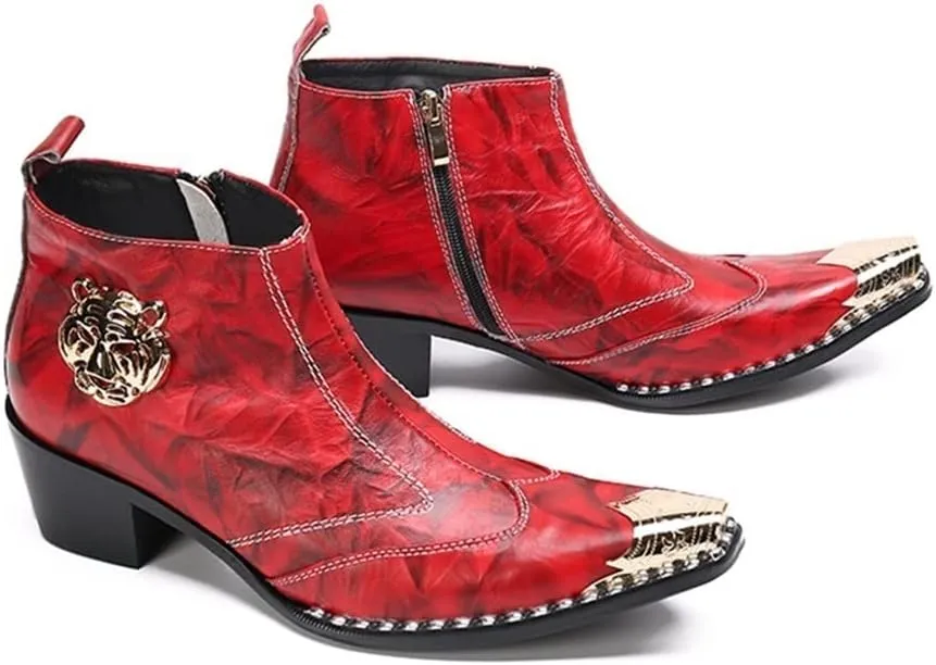 Ankle Boots for Men Genuine Leather Zip Closure Metal Tip with Pull Tap Tiger Pattern Studs Decoration 6CM High Heel Shoes