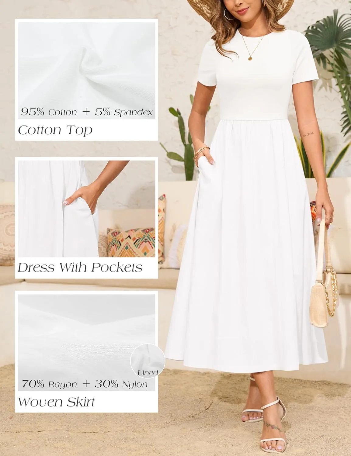 Annebouti Womens 2025 Summer Spring Maxi Dress Trendy Elegant Short Sleeve Cotton Top Casual Long Dress with Pockets