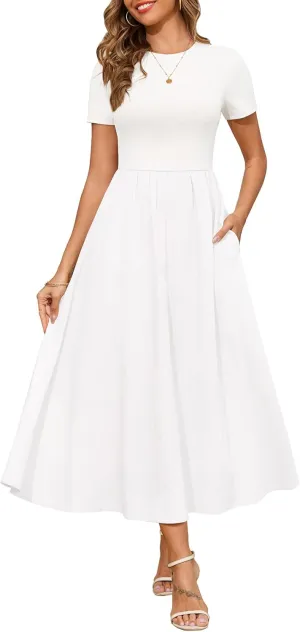Annebouti Womens 2025 Summer Spring Maxi Dress Trendy Elegant Short Sleeve Cotton Top Casual Long Dress with Pockets
