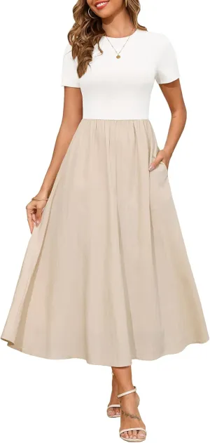 Annebouti Womens 2025 Summer Spring Maxi Dress Trendy Elegant Short Sleeve Cotton Top Casual Long Dress with Pockets