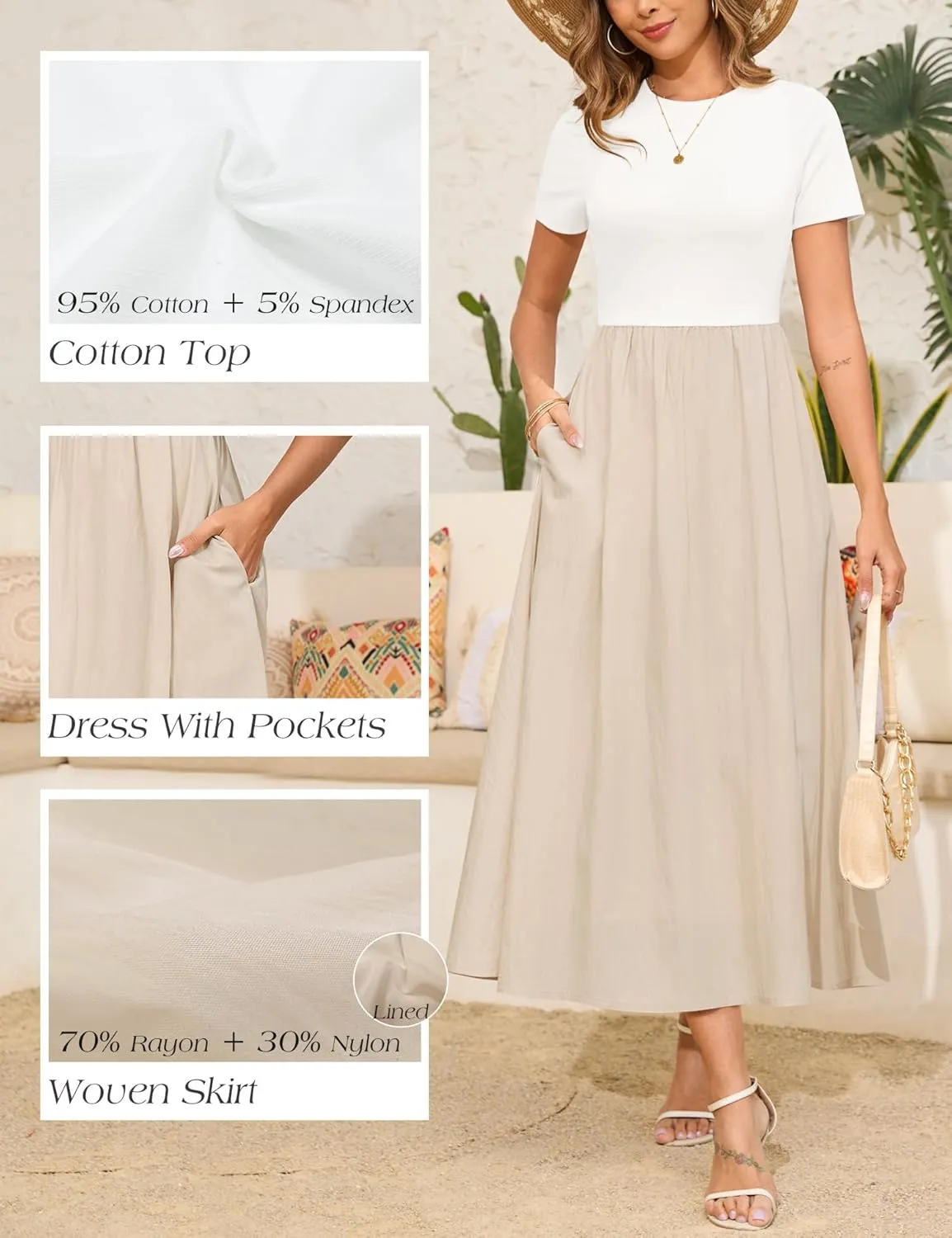 Annebouti Womens 2025 Summer Spring Maxi Dress Trendy Elegant Short Sleeve Cotton Top Casual Long Dress with Pockets