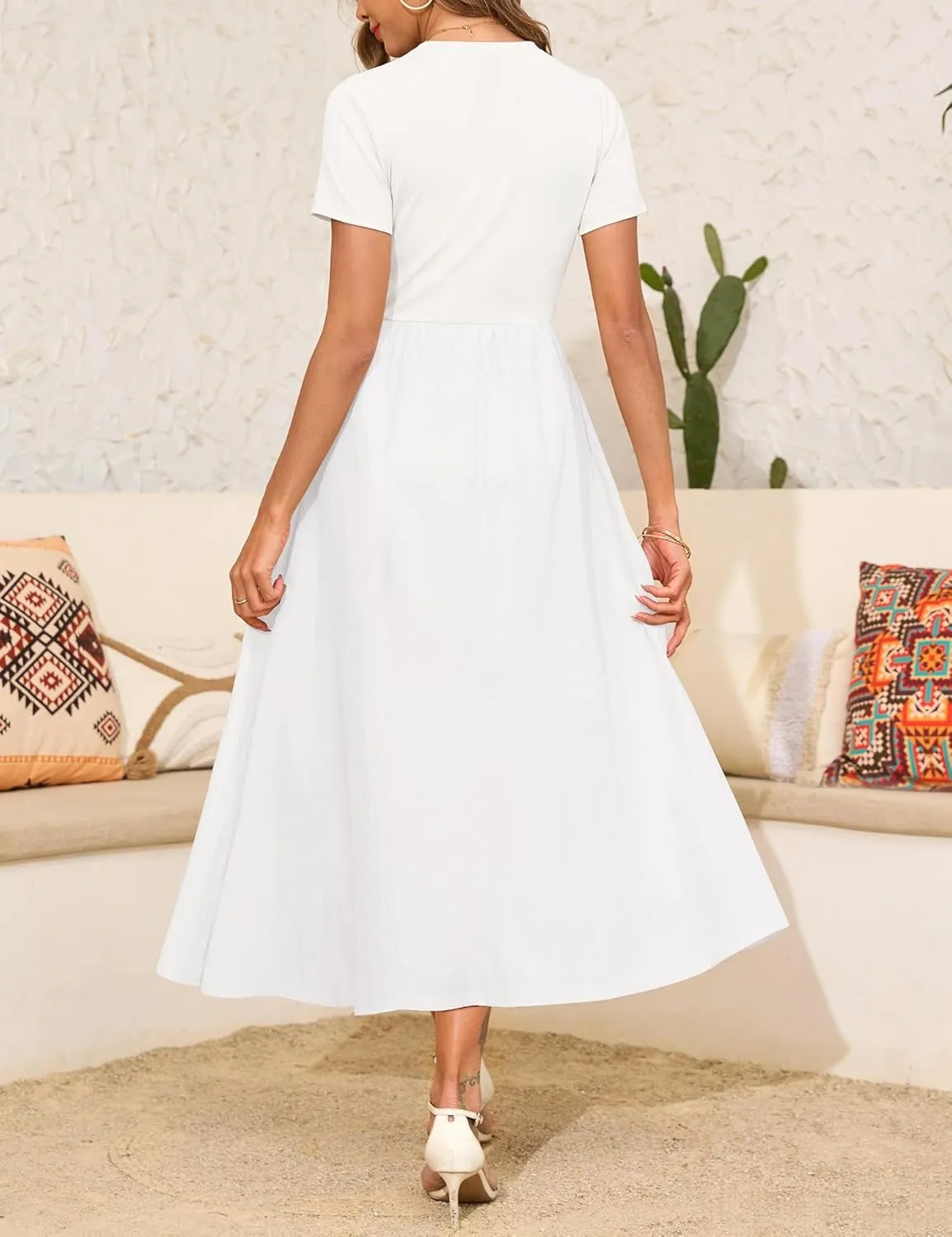 Annebouti Womens 2025 Summer Spring Maxi Dress Trendy Elegant Short Sleeve Cotton Top Casual Long Dress with Pockets