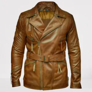 Antique Brown Belted Leather Jacket with Multiple Pockets
