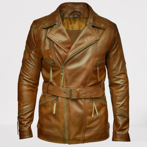 Antique Brown Belted Leather Jacket with Multiple Pockets