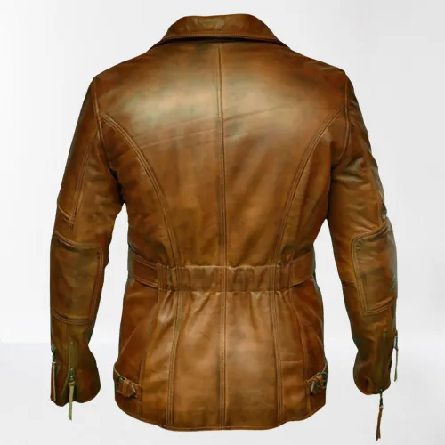 Antique Brown Belted Leather Jacket with Multiple Pockets