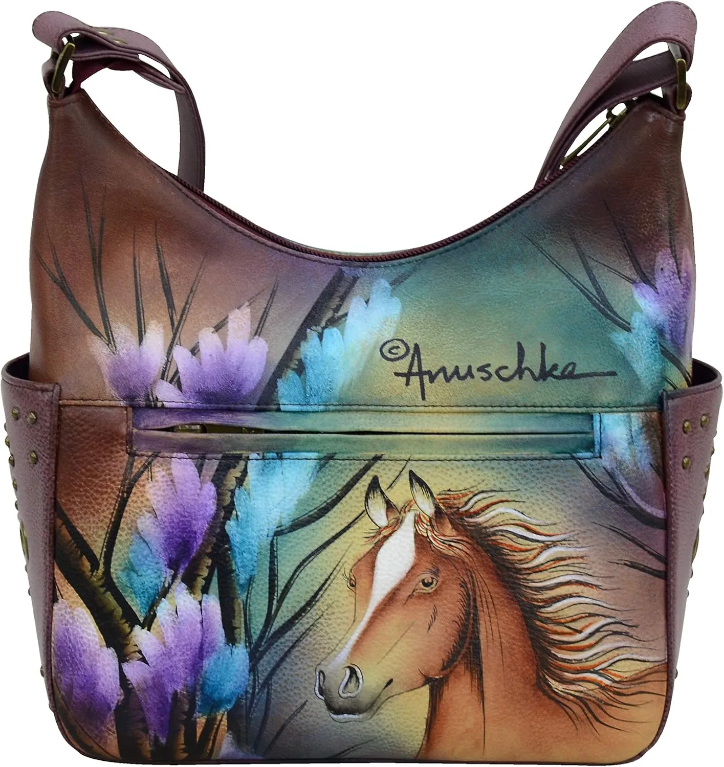 Anuschka Women's Genuine Leather Shoulder Bag | Hand Painted Original Artwork | Classic Hobo With Studded Side Pockets