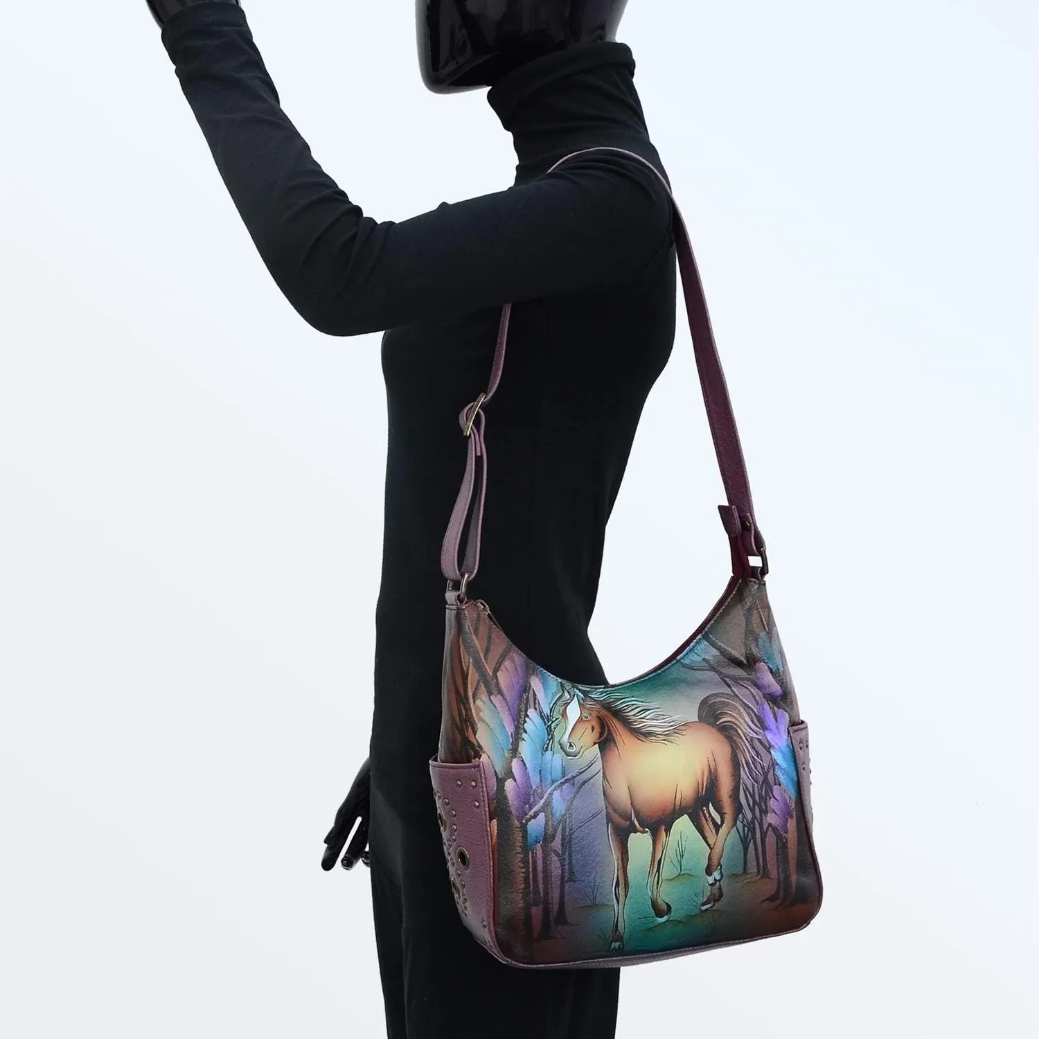 Anuschka Women's Genuine Leather Shoulder Bag | Hand Painted Original Artwork | Classic Hobo With Studded Side Pockets