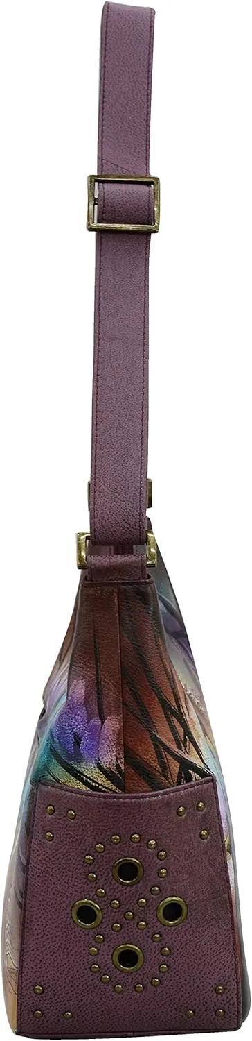 Anuschka Women's Genuine Leather Shoulder Bag | Hand Painted Original Artwork | Classic Hobo With Studded Side Pockets