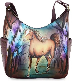 Anuschka Women's Genuine Leather Shoulder Bag | Hand Painted Original Artwork | Classic Hobo With Studded Side Pockets