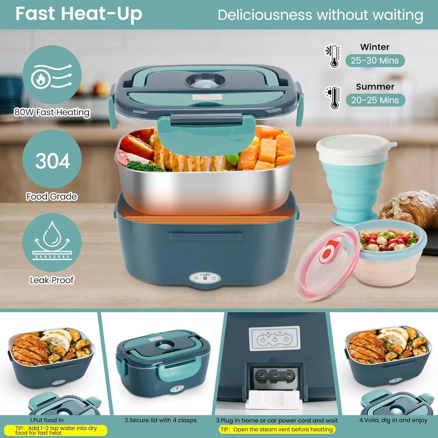 AOSION Electric Lunch Box for Adults, Heated Lunch Box 3-IN-1 80W Self Portable Food Warmer for Car/Truck/Office, Upgraded Lunch Box Leak-Proof Stainless Steel Container, Gifts for Men (Green)
