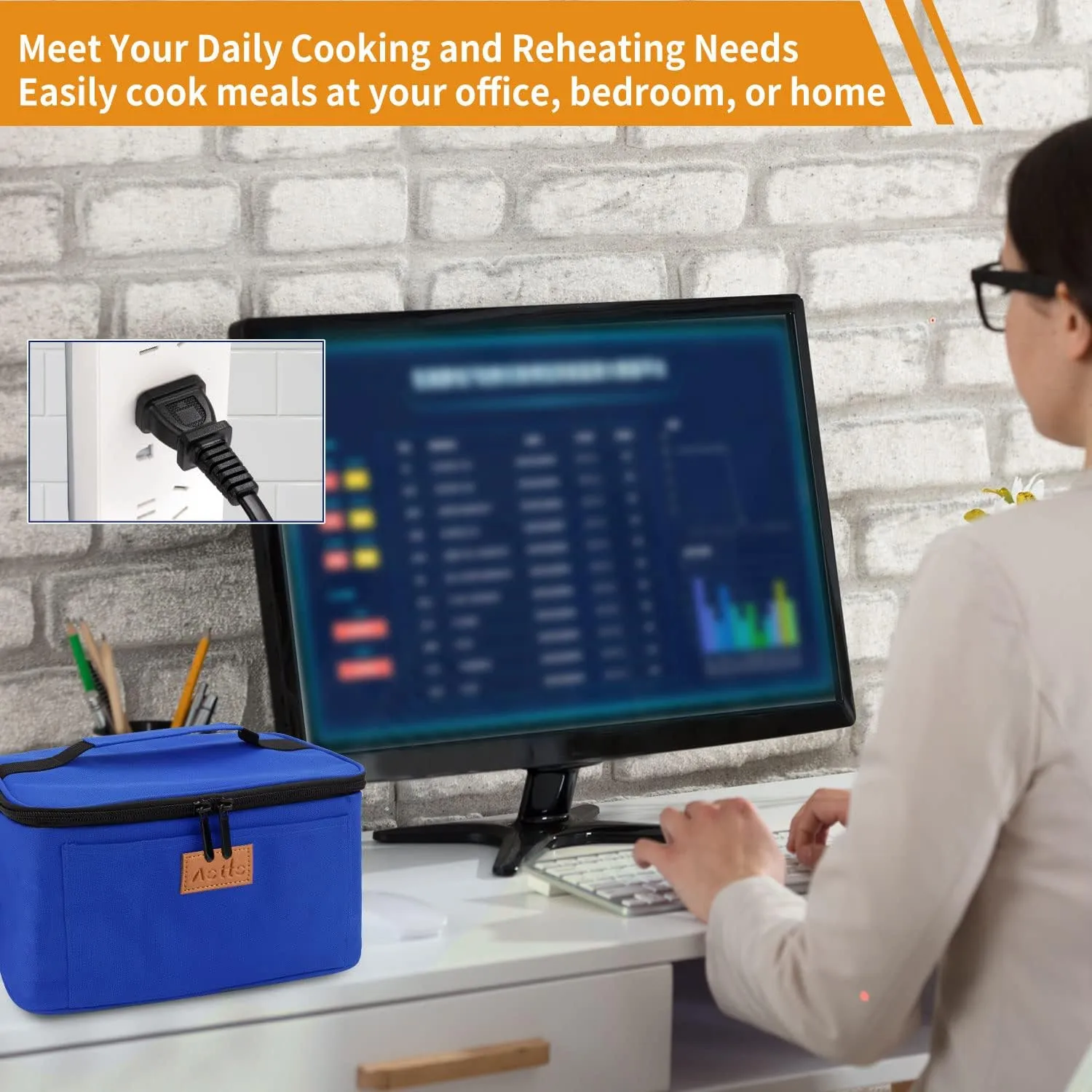 Aotto Portable Electric Lunch Box Food Heater - 110V Portable Oven and Food Warmer, Heated Lunch Box for Adults, Cook, Reheat, and Keep Meals Warm for Travel, Office, and Home - Blue