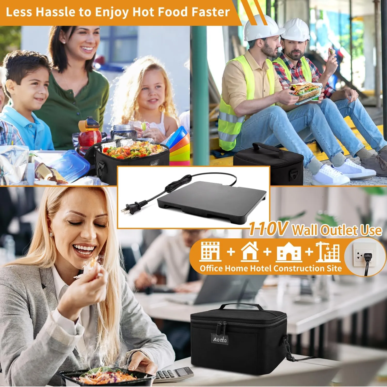 Aotto Portable Oven Electric Lunch Box Food Heater - 80W Heated Lunch Box Food Warmer for Adults, Work, Travel, Home Kitchen - Cook, Reheat, and Keep Warm (Black) 110V/120V