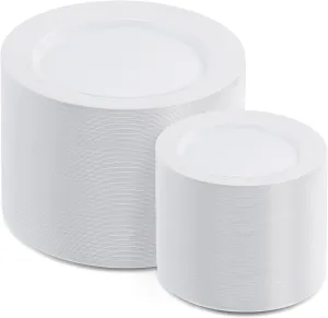 AOZITA 200pcs White Plastic Plates, Disposable Plates for Party, Heavy Duty Plastic Plates - 100 Dinner Plates and 100 Salad Plates, for Weddings, Parties and Events
