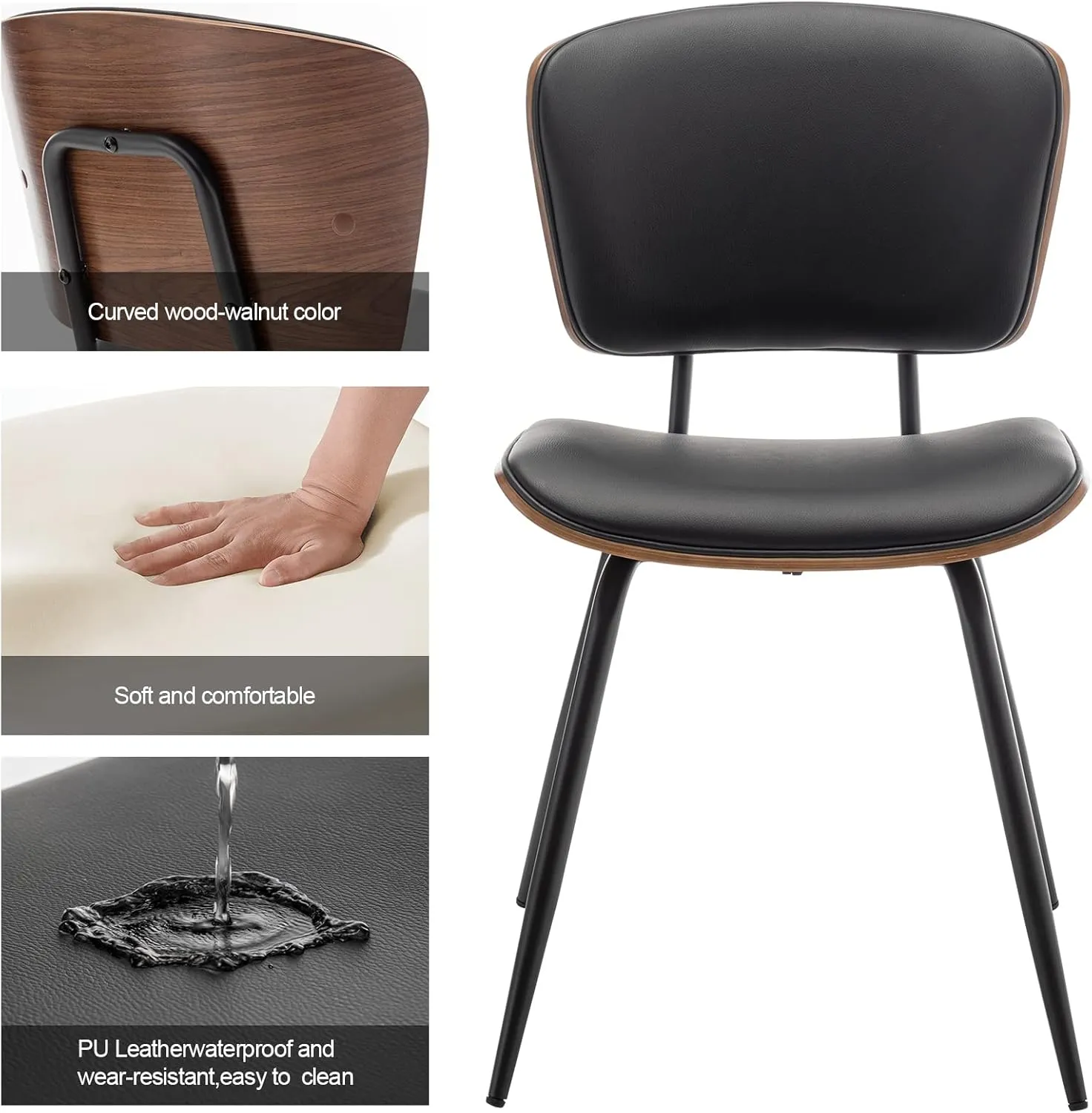 AQG Dining Chairs Set of 2,Mid Century Modern Dining Chairs,Leather Dinner Chairs with Bentwood Backrest and Metal Legs for Dining Room