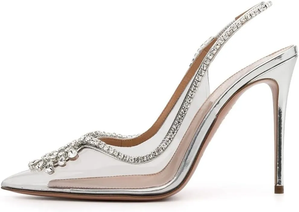 Arqa Clear PVC Slingback Pumps for Women,Rhinestone Embellished Pointed Toe High Heels Ankle Strap Dressy Stilettos