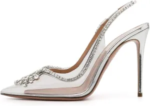 Arqa Clear PVC Slingback Pumps for Women,Rhinestone Embellished Pointed Toe High Heels Ankle Strap Dressy Stilettos