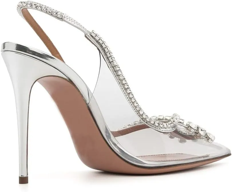 Arqa Clear PVC Slingback Pumps for Women,Rhinestone Embellished Pointed Toe High Heels Ankle Strap Dressy Stilettos
