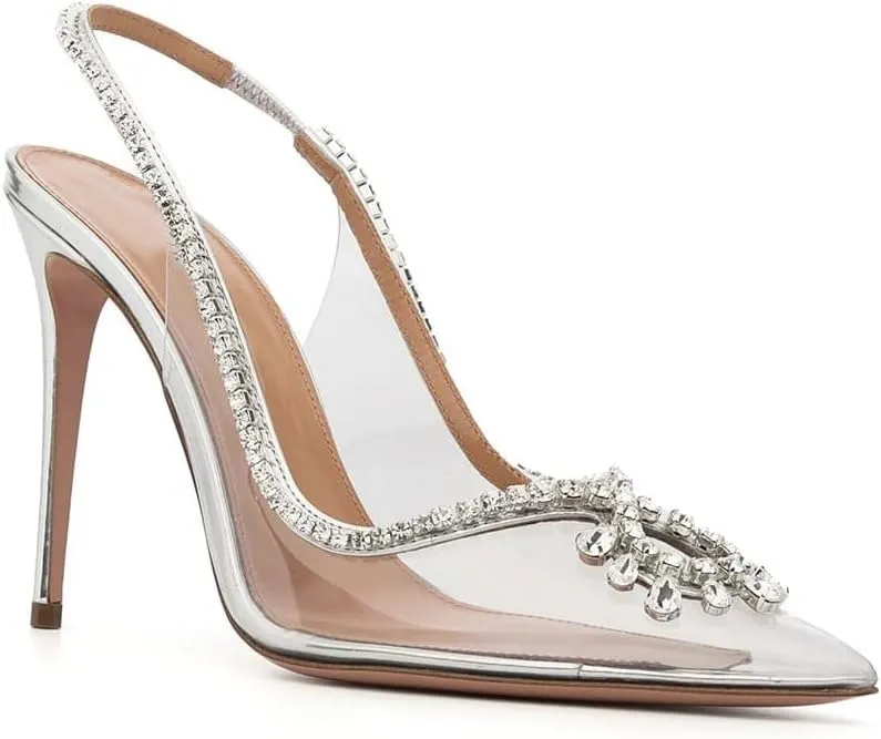 Arqa Clear PVC Slingback Pumps for Women,Rhinestone Embellished Pointed Toe High Heels Ankle Strap Dressy Stilettos