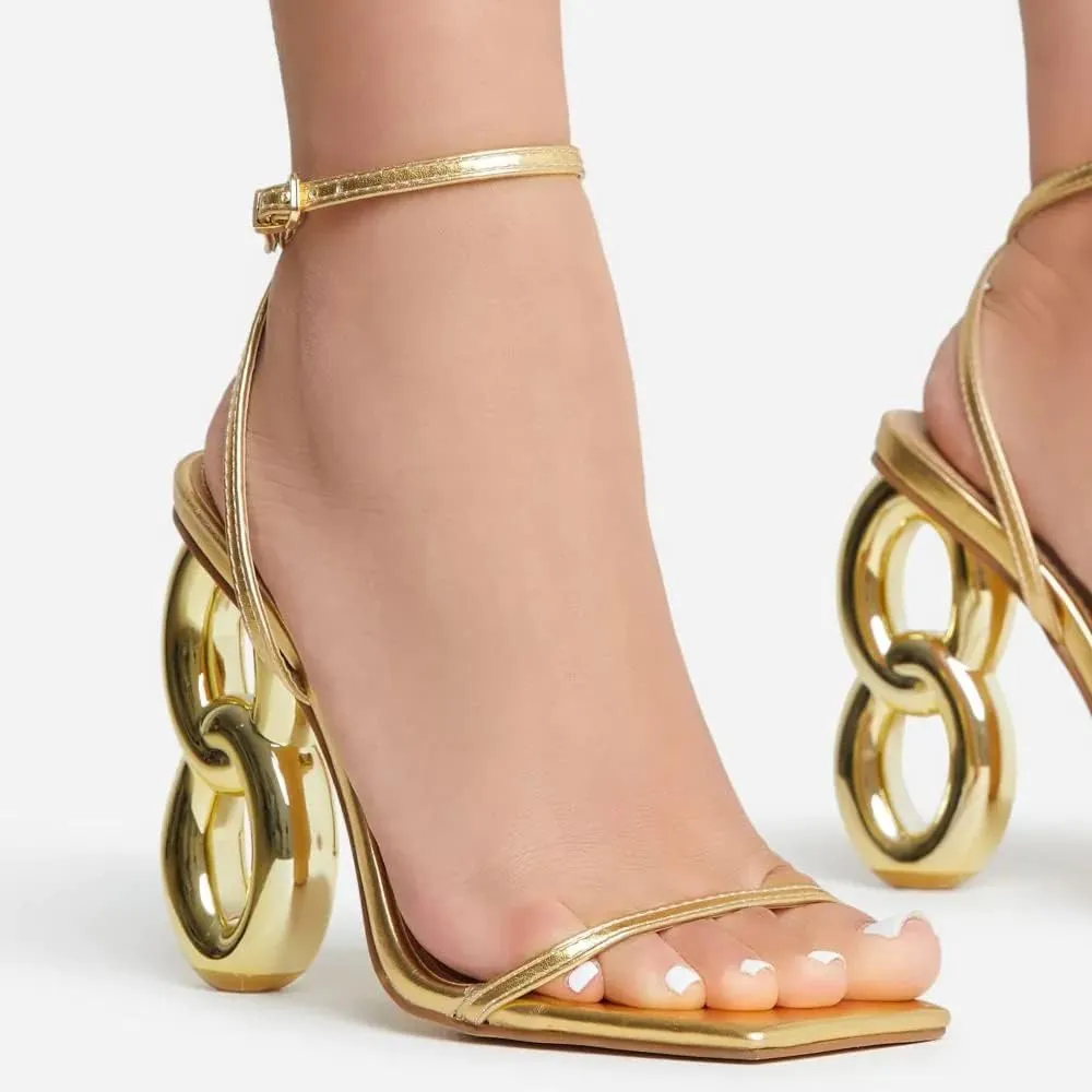 Arqa Single Sole High Heels Ankle Strap Synthetic Leather Square Toe Gold Chain Heel Sandals Summer Slingback