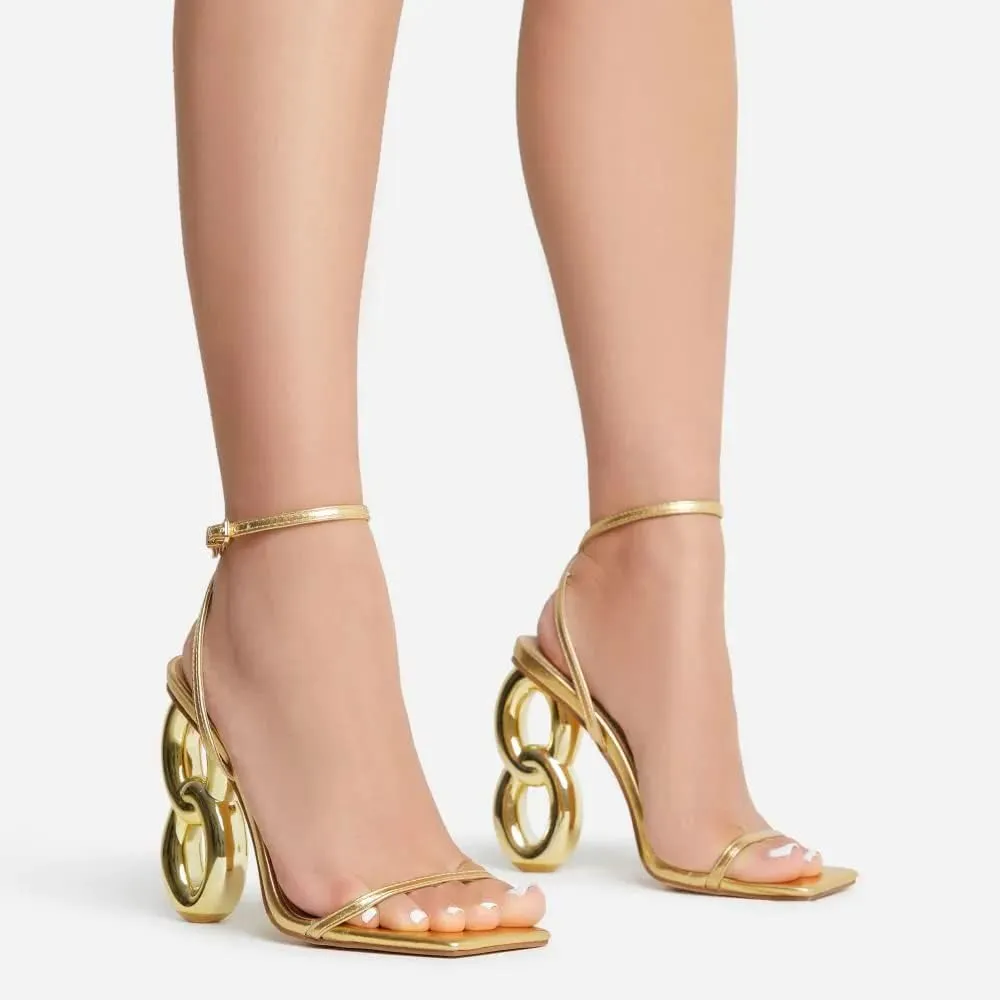 Arqa Single Sole High Heels Ankle Strap Synthetic Leather Square Toe Gold Chain Heel Sandals Summer Slingback
