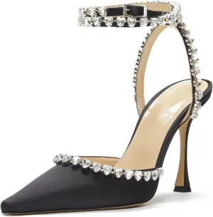 Arqa Women's Heeled Sandals Satin Slingback Stiletto Rhinestone Ankle Strap High Heels