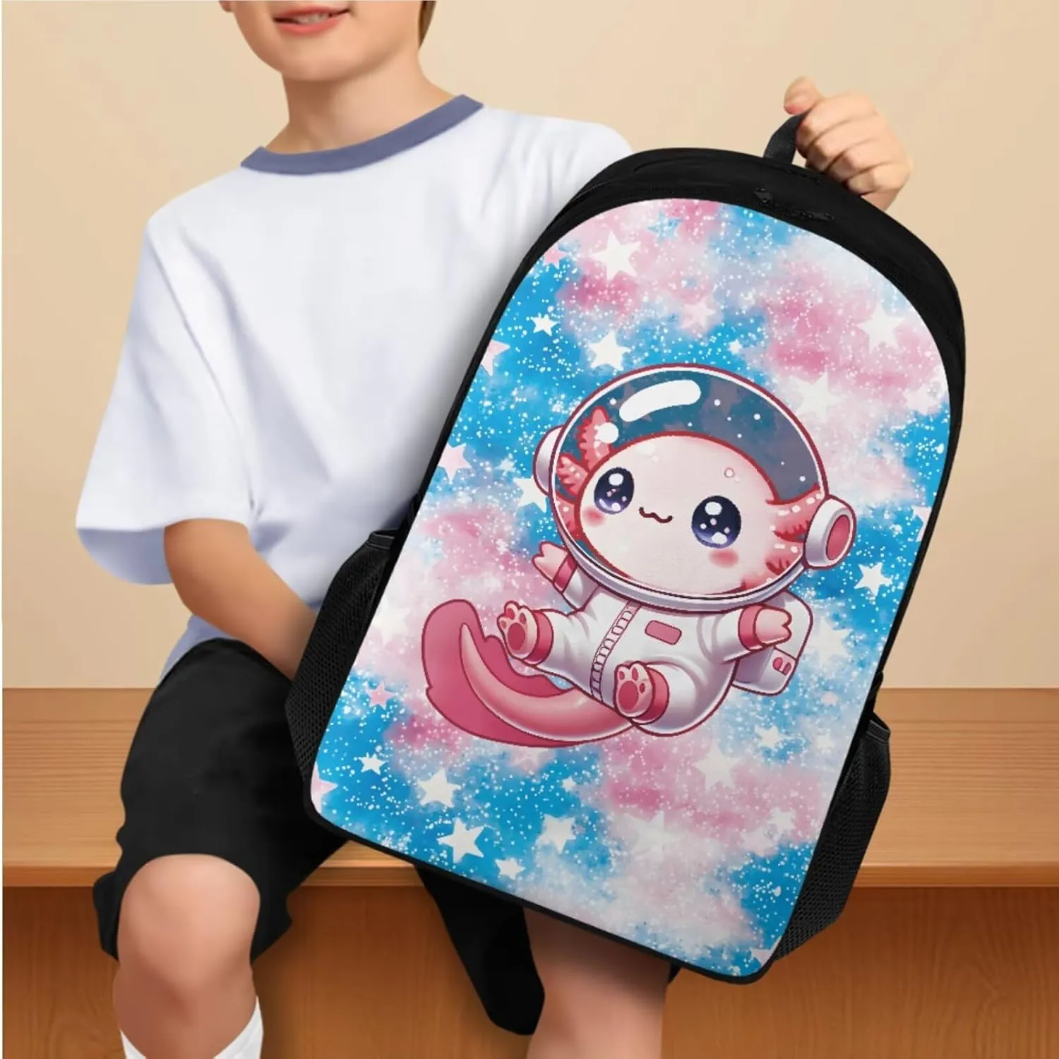 Astronaut Axolotl Backpack for School Girls 3rd Grade Boys Bookbag with Lunch Box PU Leather Bookmark and Pen Pencil Case 4 PCS Lightweight Back Packs with Compartment