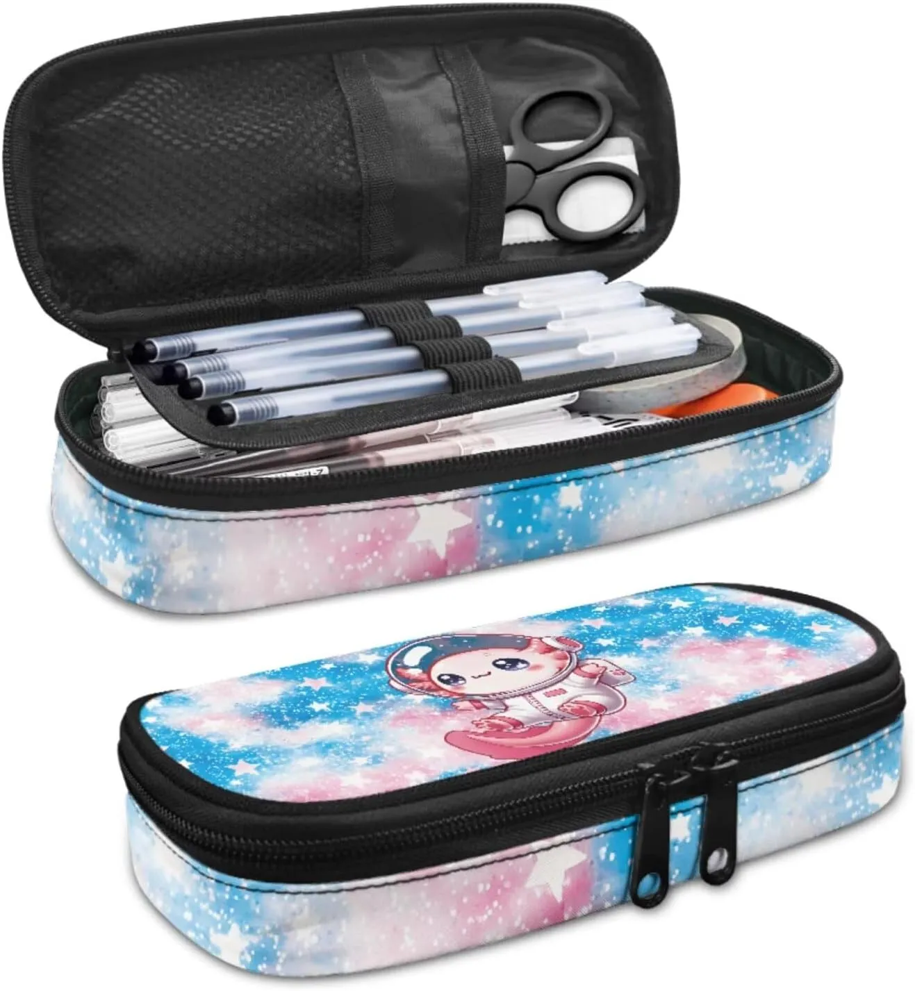 Astronaut Axolotl Backpack for School Girls 3rd Grade Boys Bookbag with Lunch Box PU Leather Bookmark and Pen Pencil Case 4 PCS Lightweight Back Packs with Compartment