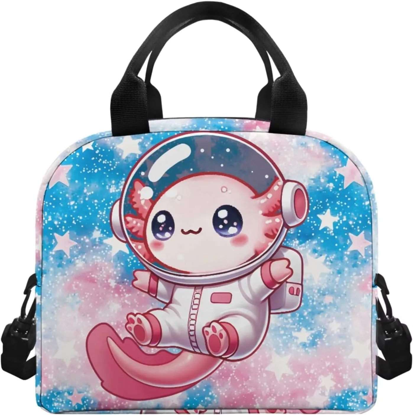 Astronaut Axolotl Backpack for School Girls 3rd Grade Boys Bookbag with Lunch Box PU Leather Bookmark and Pen Pencil Case 4 PCS Lightweight Back Packs with Compartment