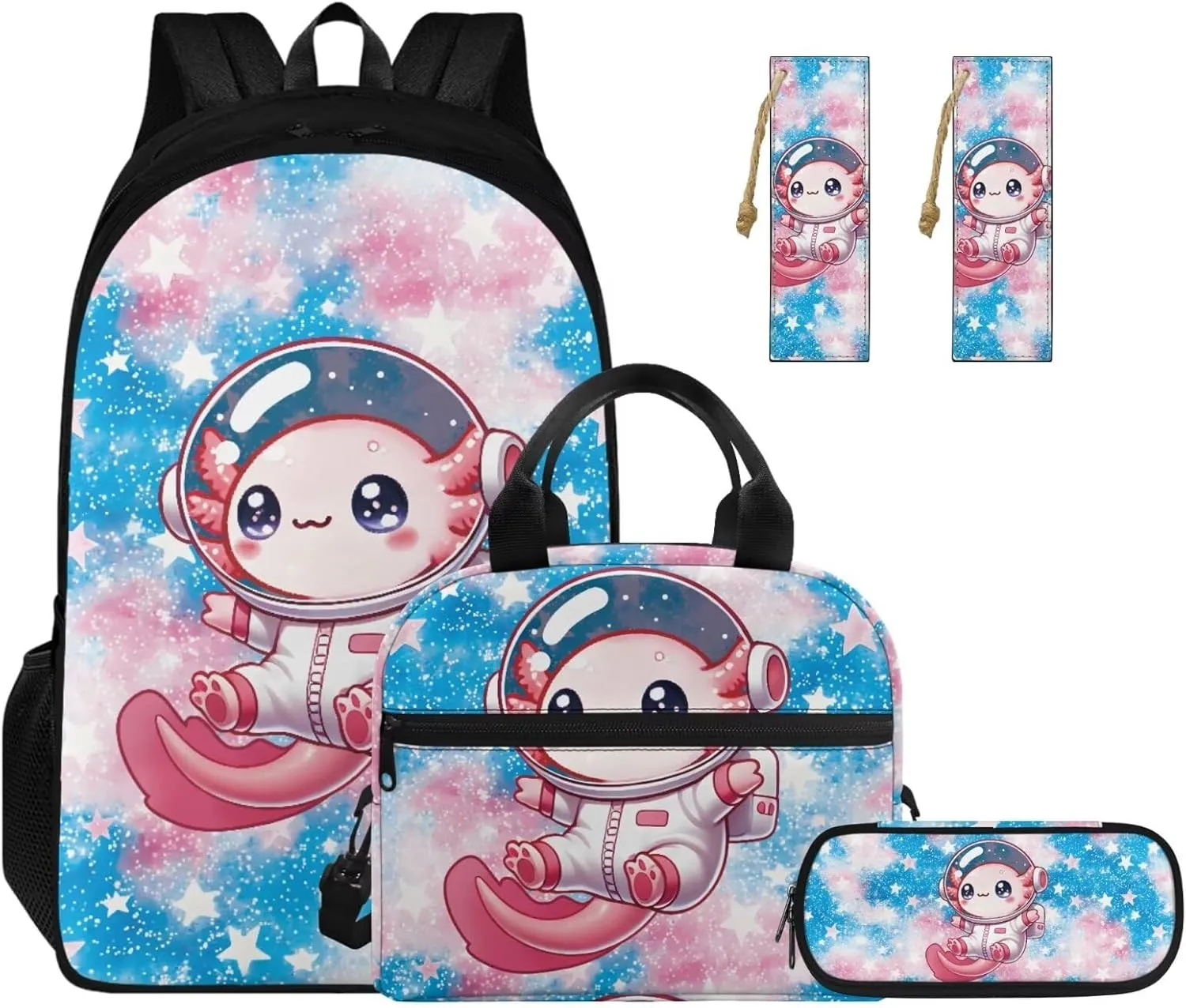 Astronaut Axolotl Backpack for School Girls 3rd Grade Boys Bookbag with Lunch Box PU Leather Bookmark and Pen Pencil Case 4 PCS Lightweight Back Packs with Compartment