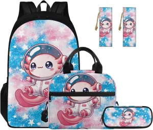 Astronaut Axolotl Backpack for School Girls 3rd Grade Boys Bookbag with Lunch Box PU Leather Bookmark and Pen Pencil Case 4 PCS Lightweight Back Packs with Compartment