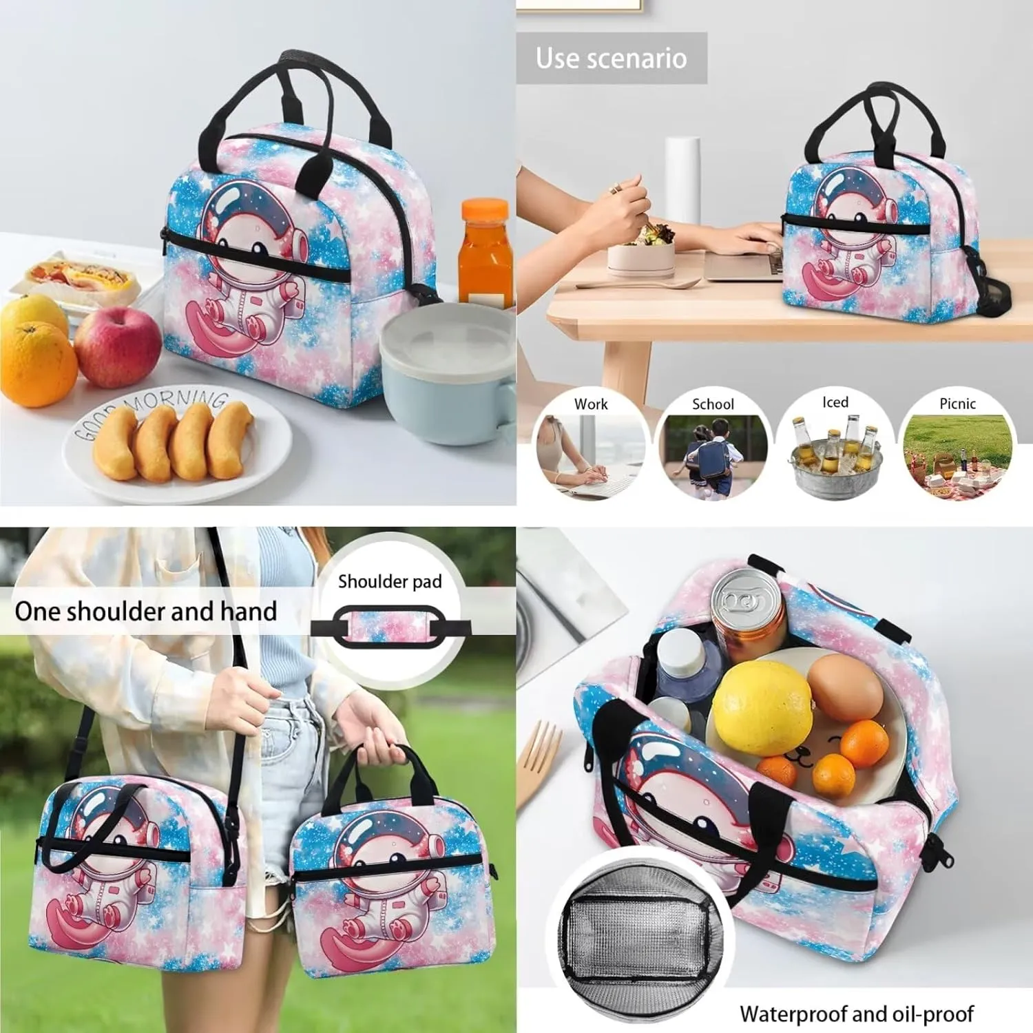 Astronaut Axolotl Backpack for School Girls 3rd Grade Boys Bookbag with Lunch Box PU Leather Bookmark and Pen Pencil Case 4 PCS Lightweight Back Packs with Compartment