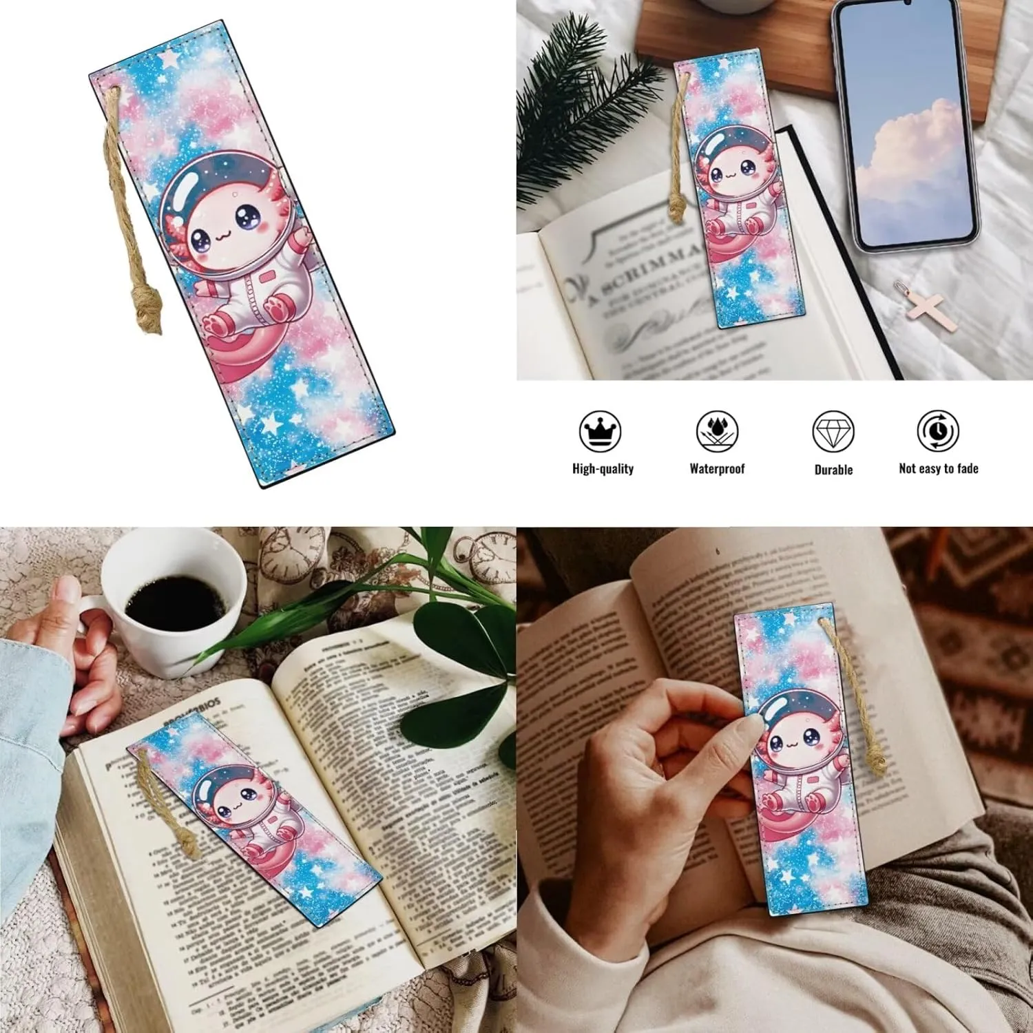 Astronaut Axolotl Backpack for School Girls 3rd Grade Boys Bookbag with Lunch Box PU Leather Bookmark and Pen Pencil Case 4 PCS Lightweight Back Packs with Compartment